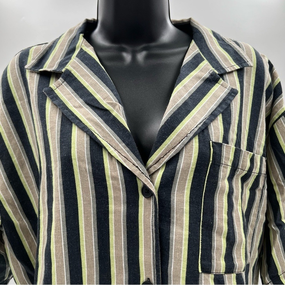 Topshop Womens Linen Blend Striped Short Sleeve Camp Shirt Black Green US‎ 6 NWT